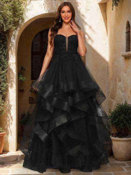 Ball Gown Sweetheart Sleeveless Tiered Prom Dresses