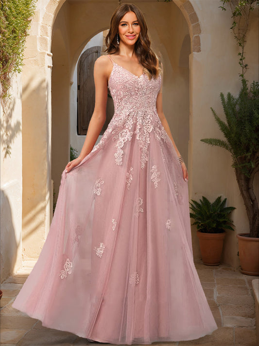 A-Line/Princess V-Neck Sleeveless Applique Prom Dresses