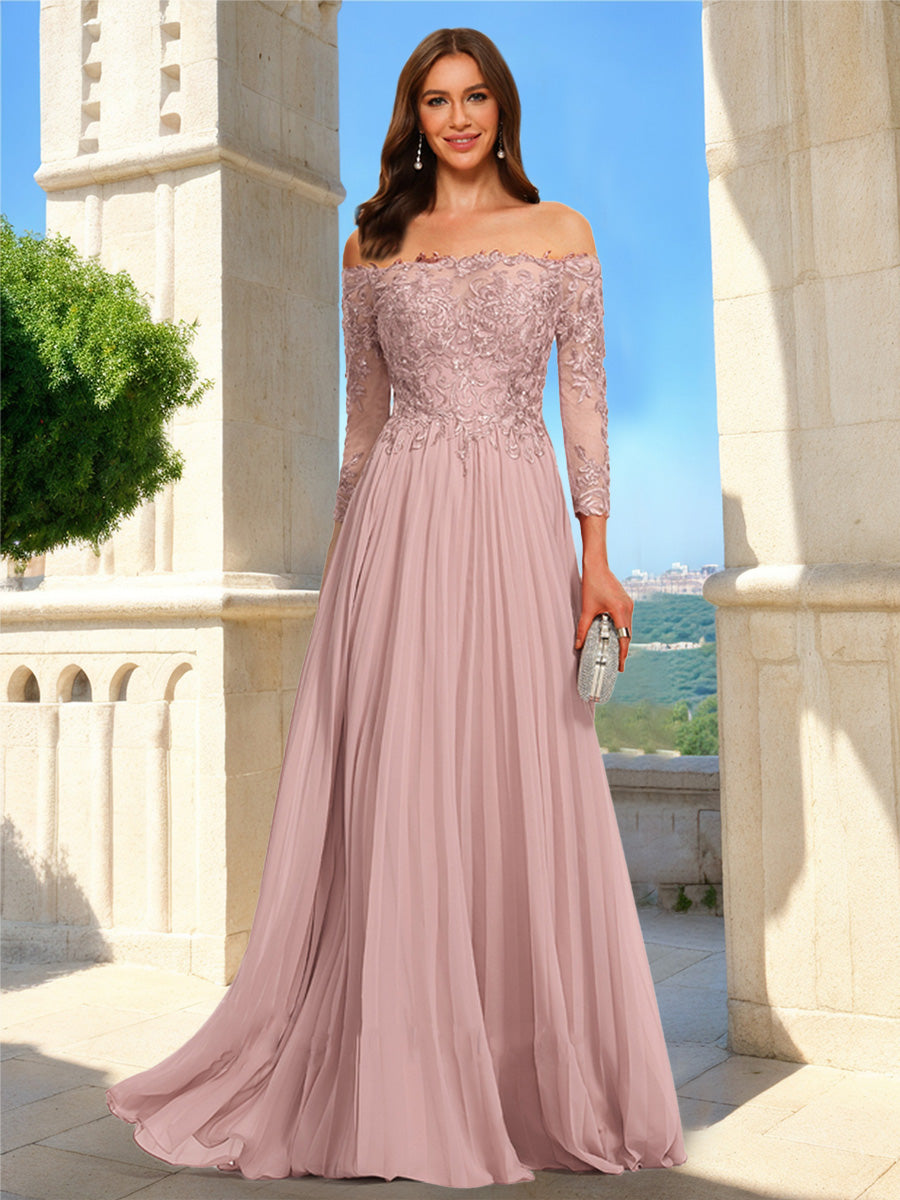 A-Line/Princess Off-the-Shoulder 3/4 Sleeves Lace Prom Dresses