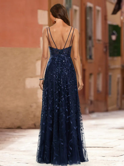 A-Line/Princess V-Neck Sleeveless Sequins Prom Dresses