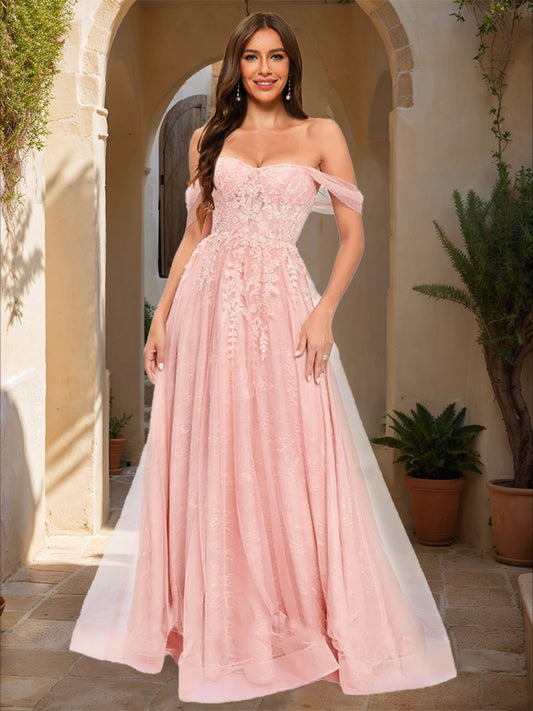 Ball Gown Off-the-Shoulder Short Sleeves Applique Prom Dresses