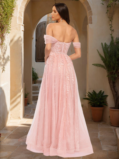 Ball Gown Off-the-Shoulder Short Sleeves Applique Prom Dresses