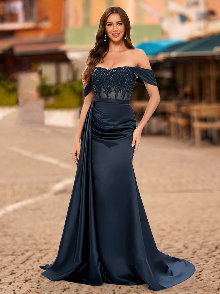 Trumpet/Mermaid Off-the-Shoulder Short Sleeves Sequins Prom Dresses