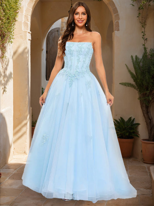 Ball Gown Strapless Sleeveless Applique Prom Dresses