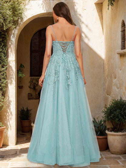 A-Line/Princess Scoop Sleeveless Applique Prom Dresses