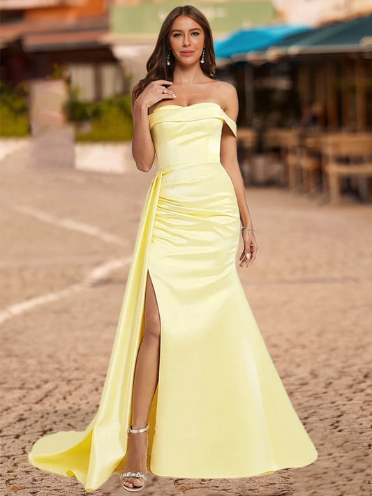 Trumpet/Mermaid Off-the-Shoulder Short Sleeves Split Side Prom Dresses