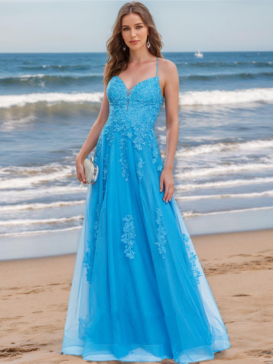 A-Line/Princess V-Neck Sleeveless Applique Prom Dresses