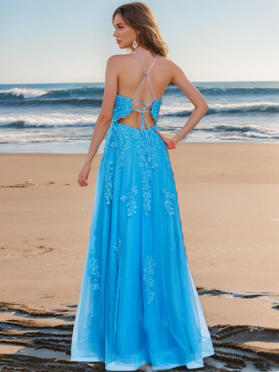 A-Line/Princess V-Neck Sleeveless Applique Prom Dresses