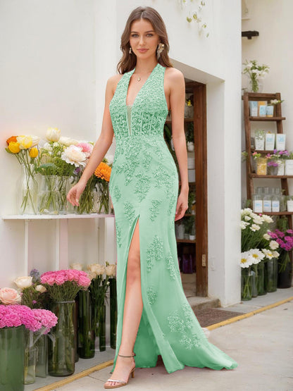 Trumpet/Mermaid Halter Sleeveless Beading Prom Dresses