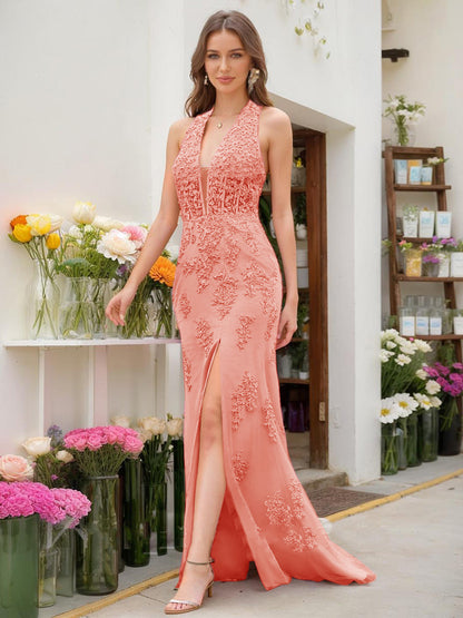 Trumpet/Mermaid Halter Sleeveless Beading Prom Dresses