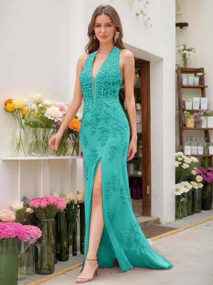 Trumpet/Mermaid Halter Sleeveless Beading Prom Dresses