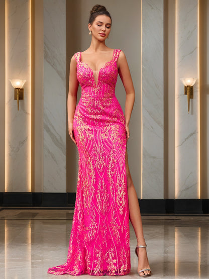 Trumpet/Mermaid V-Neck Sleeveless Sequins Prom Dresses