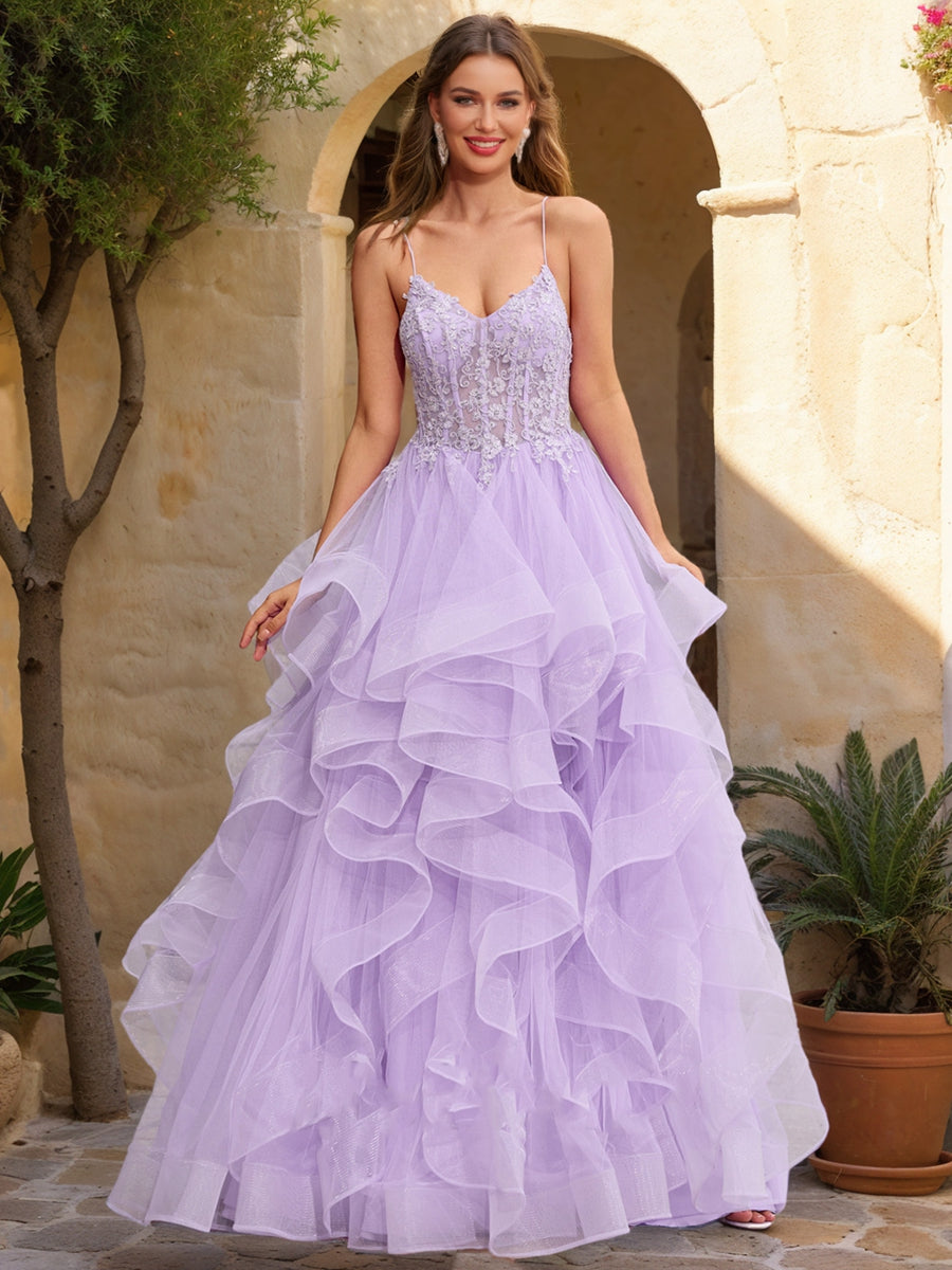 Ball Gown V-Neck Sleeveless Tiered Prom Dresses