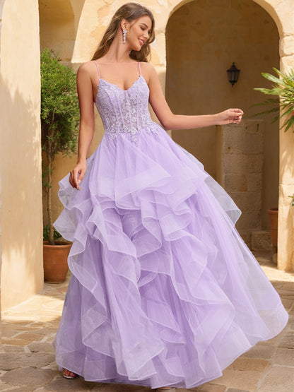 Ball Gown V-Neck Sleeveless Tiered Prom Dresses