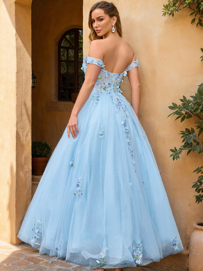 Ball Gown Off the Shoulder Short Sleeves Applique Prom Dresses