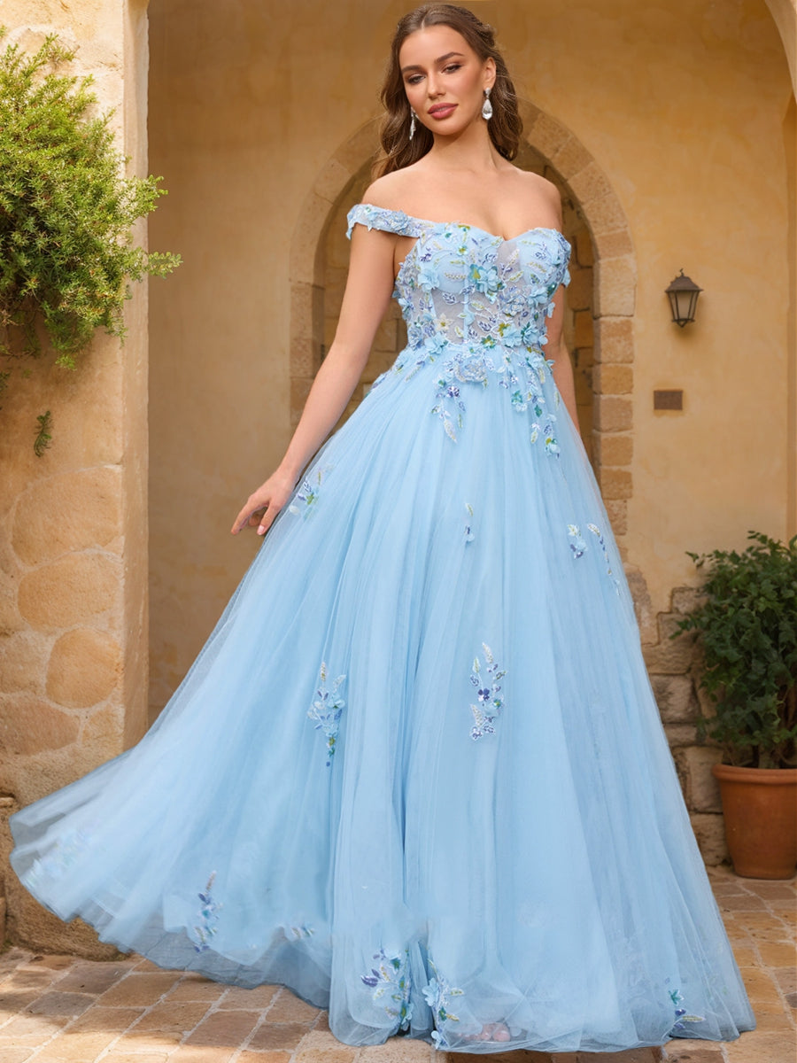 Ball Gown Off the Shoulder Short Sleeves Applique Prom Dresses