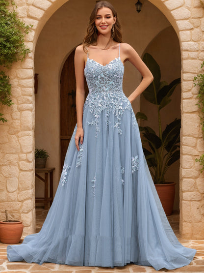 A-Line/Princess V-Neck Sleeveless Appliques Prom Dresses