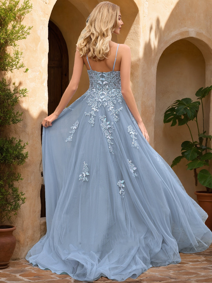 A-Line/Princess V-Neck Sleeveless Appliques Prom Dresses