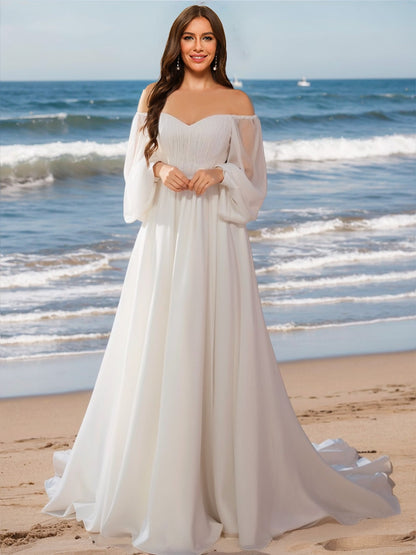 A-Line/Princess Off-the-Shoulder Long Sleeves Ruched Wedding Dresses