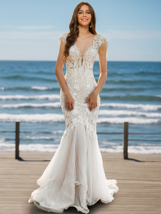 Trumpet/Mermaid V-Neck Sleeveless Appliques Wedding Dresses