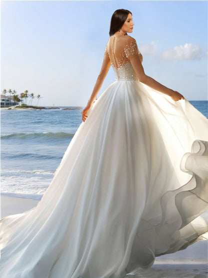 A-Line/Princess Off-the-Shoulder Short Sleeves Beading Wedding Dresses