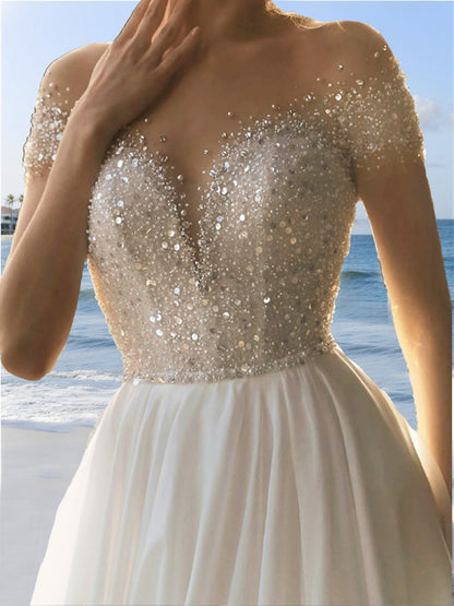 A-Line/Princess Off-the-Shoulder Short Sleeves Beading Wedding Dresses