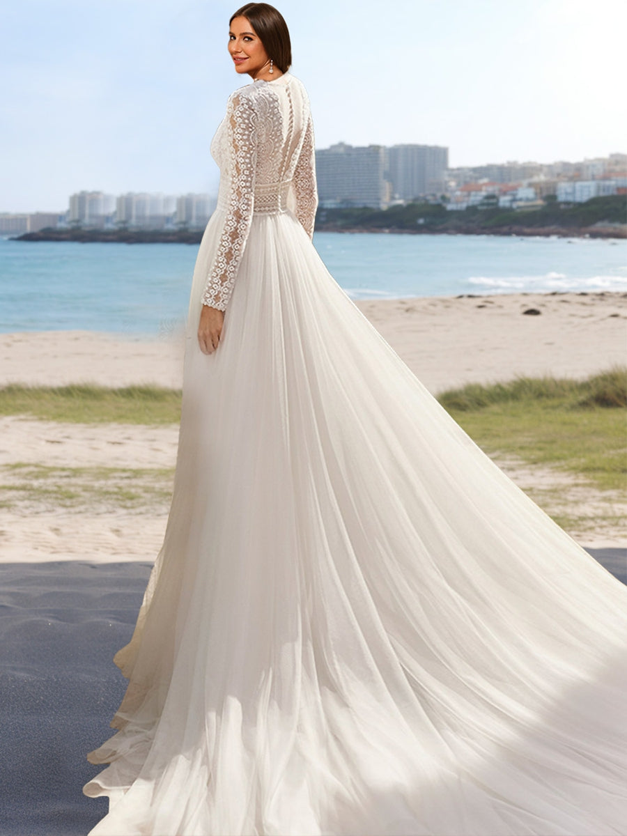 A-Line/Princess V-Neck Long Sleeves Lace Wedding Dresses