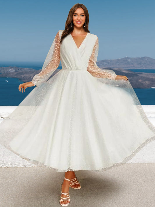 A-Line/Princess V-Neck Long Sleeves Ruched Wedding Dresses