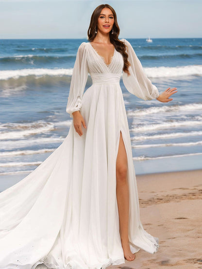 A-Line/Princess V-Neck Long Sleeves Split Side Wedding Dresses