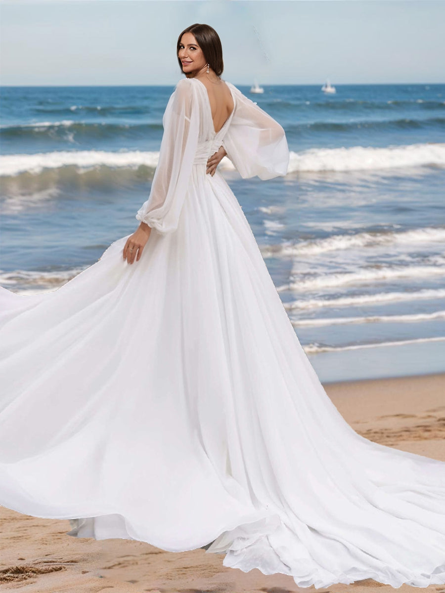 A-Line/Princess V-Neck Long Sleeves Split Side Wedding Dresses