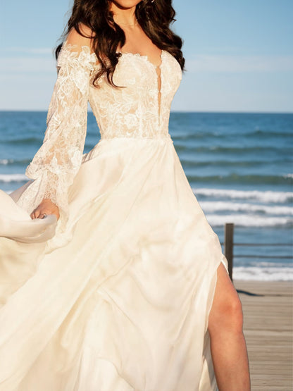 A-Line/Princess Off-the-Shoulder Long Sleeves Split Side Wedding Dresses