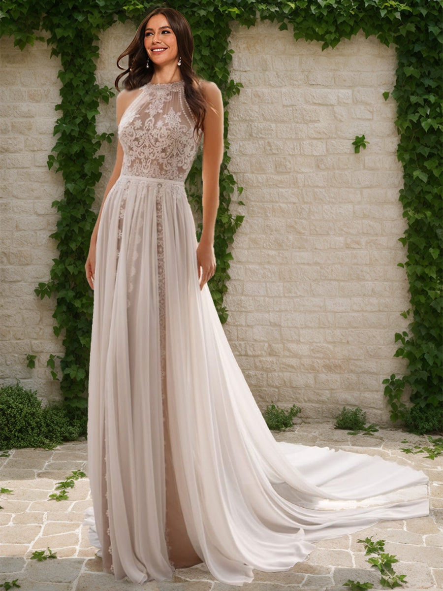 A-Line/Princess Halter Sleeveless Ruched Wedding Dresses