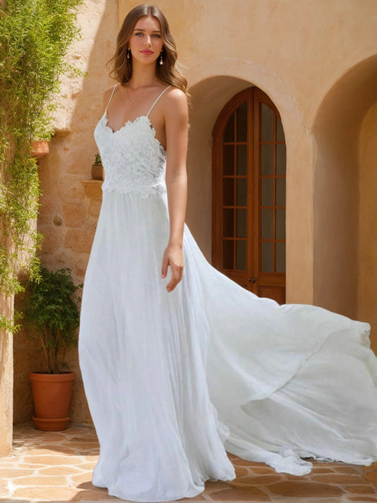 A-Line/Princess V-Neck Sleeveless Lace Wedding Dresses