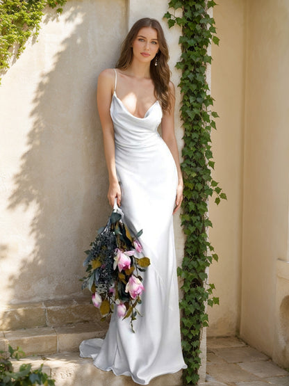 Sheath/Column Spaghetti Straps Sleeveless Ruched Wedding Dresses