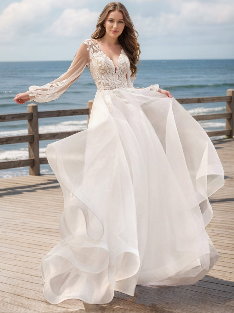 Ball Gown V-Neck Long Sleeves Lace Wedding Dresses