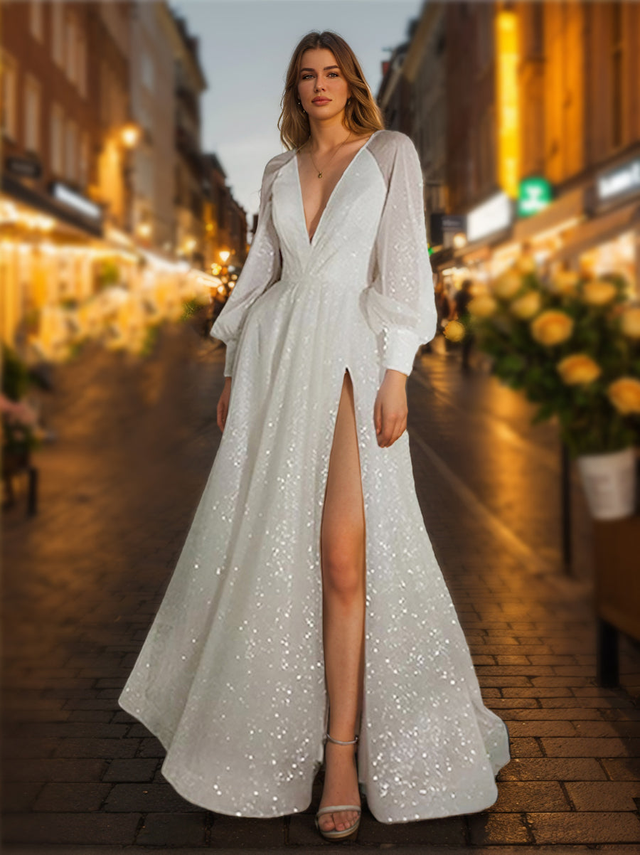 A-Line/Princess V-Neck Long Sleeves Split Side Wedding Dresses