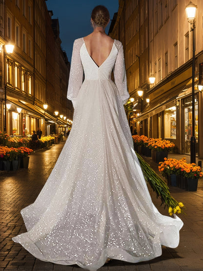 A-Line/Princess V-Neck Long Sleeves Split Side Wedding Dresses