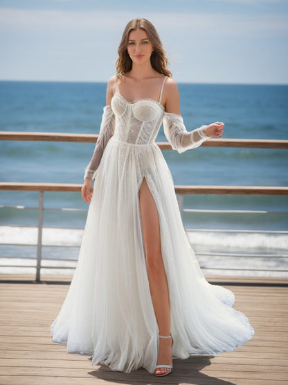 A-Line/Princess Strapless Long Sleeves Split Side Wedding Dresses