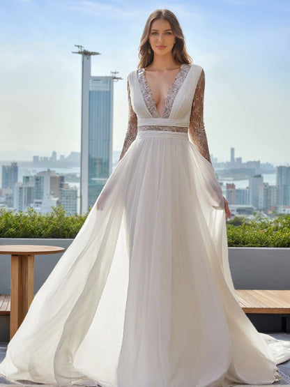 A-Line/Princess Plunging V-Neck Long Sleeves Lace Wedding Dresses