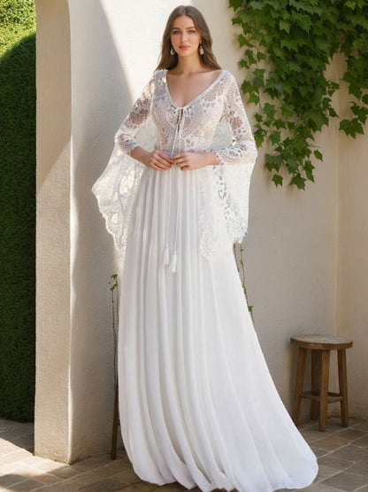 A-Line/Princess V-Neck Flare Sleeves Lace Wedding Dresses