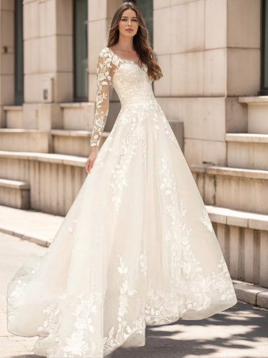 A-Line/Princess V-Neck Long Sleeves Lace Wedding Dresses