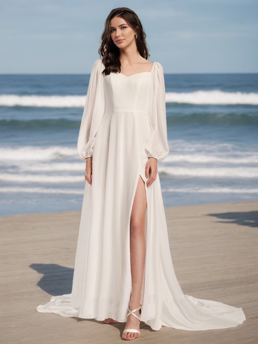 A-Line/Princess Sweetheart Long Sleeves Split Side Wedding Dresses