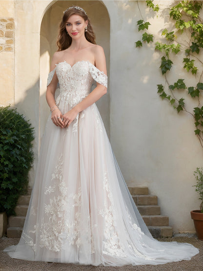 A-Line/Princess Off-the-Shoulder Short Sleeves Lace Wedding Dresses