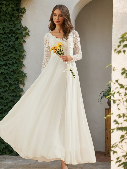 A-Line/Princess V-Neck Long Sleeves Lace Wedding Dresses