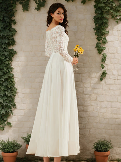 A-Line/Princess V-Neck Long Sleeves Lace Wedding Dresses