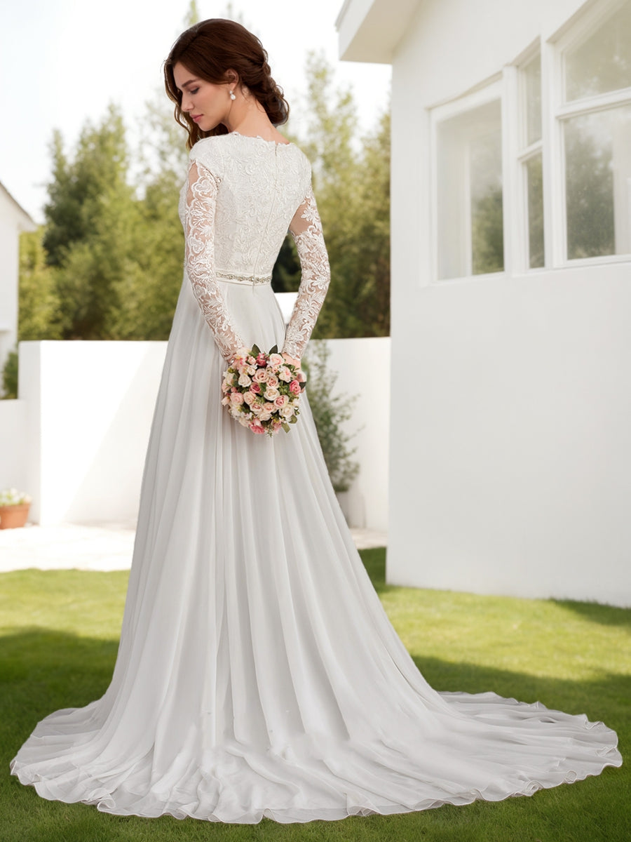 A-Line/Princess Scoop Long Sleeves Beading Wedding Dresses