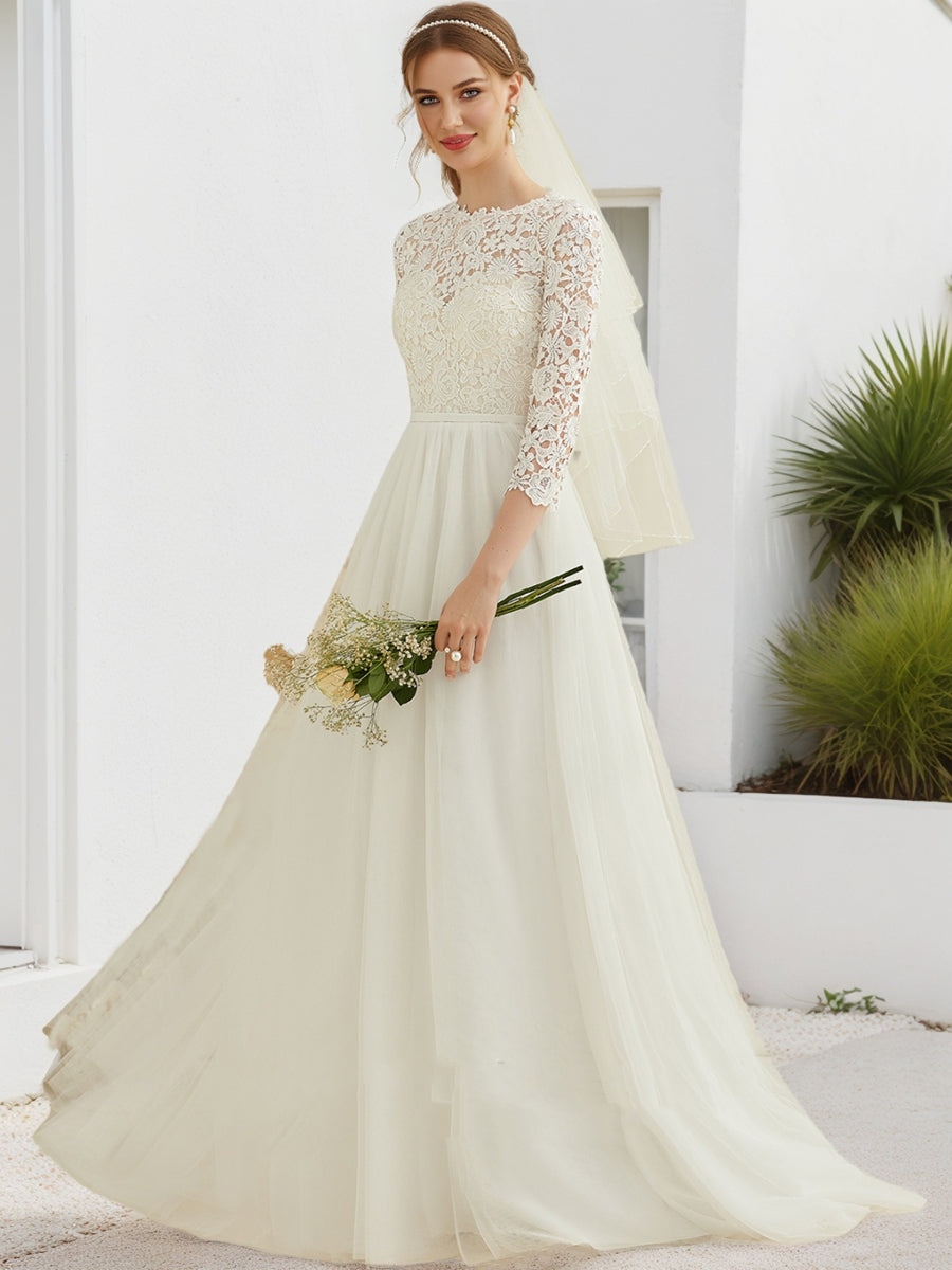 A-Line/Princess Scoop 3/4 Sleeves Lace Wedding Dresses