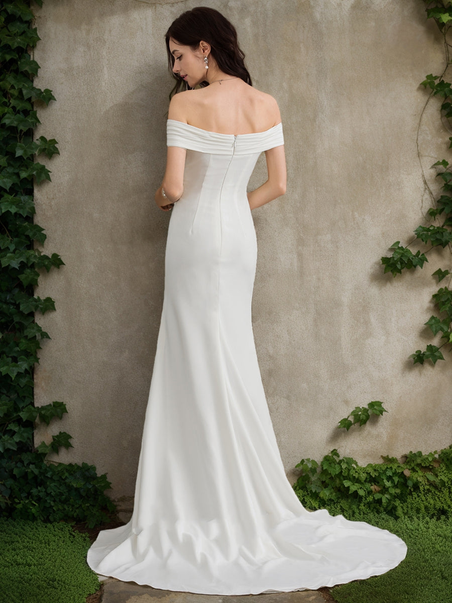 A-Line/Princess Off-the-Shoulder Short Sleeves Split Side Wedding Dresses