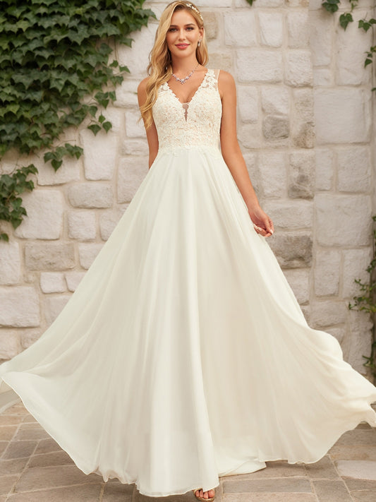 A-Line/Princess V-Neck Sleeveless Lace Wedding Dresses