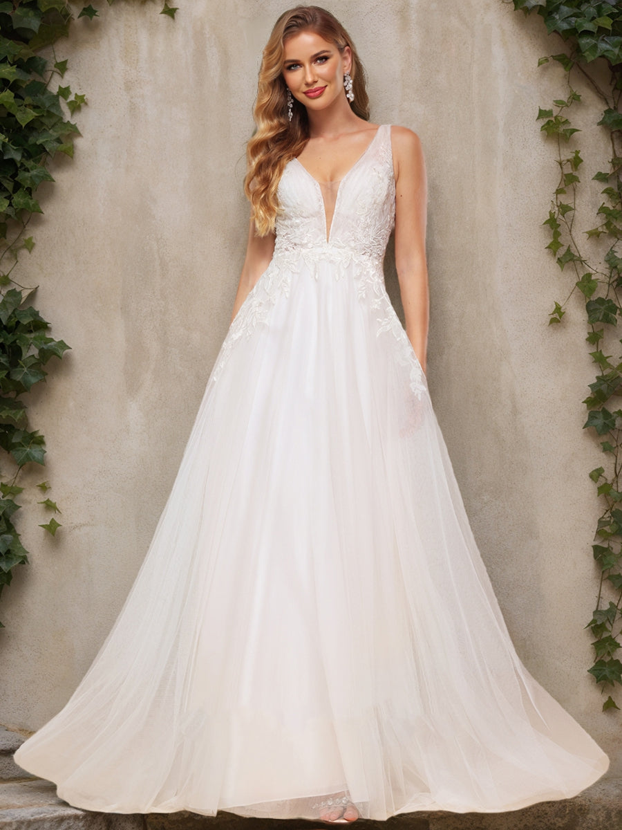 A-Line/Princess V-Neck Sleeveless Sequins Wedding Dresses